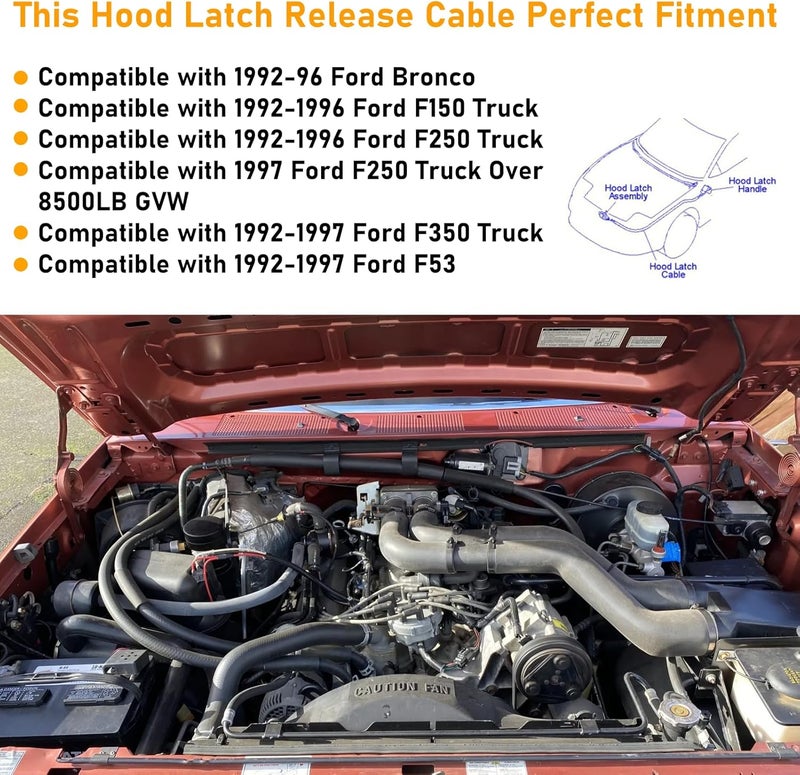 APESER Hood Release Cable & Handle Compatible With 1987-1997 Ford F150 F250 F350 Super Duty Bronco F53 F59 - Latch Replace for 912-042 F2TZ16916A - 1PC, Black - Image 2